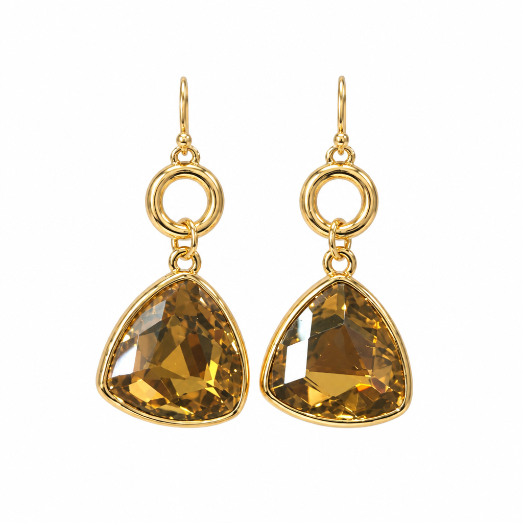 Champagne stone dangle earrings on white background, first view