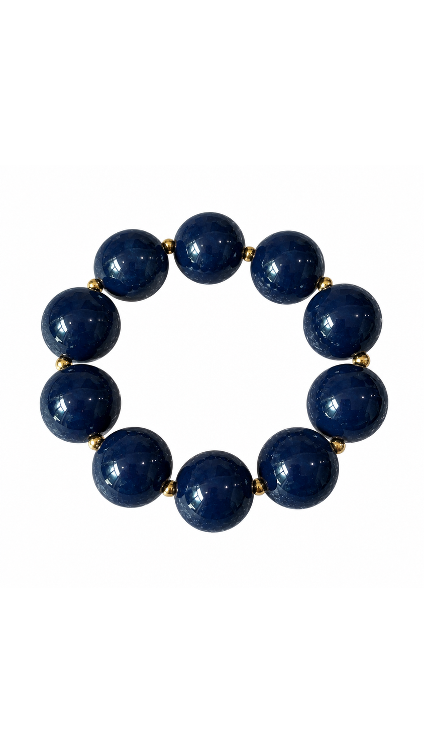 SW Trading Chunky Round Bead Stretch Bracelet, blue, glossy round beads with gold-tone spacers, front view 9x16