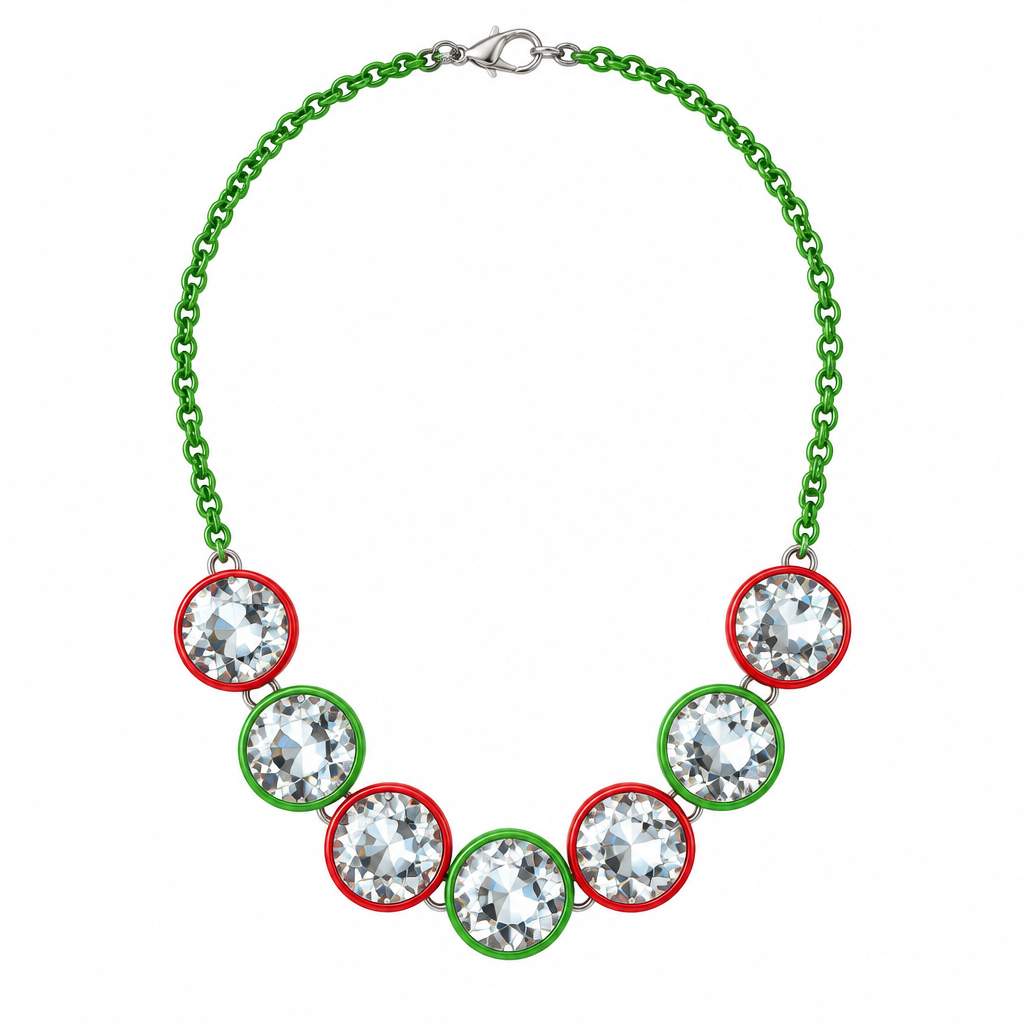 Christmas rhinestone necklace alone on solid white, second view