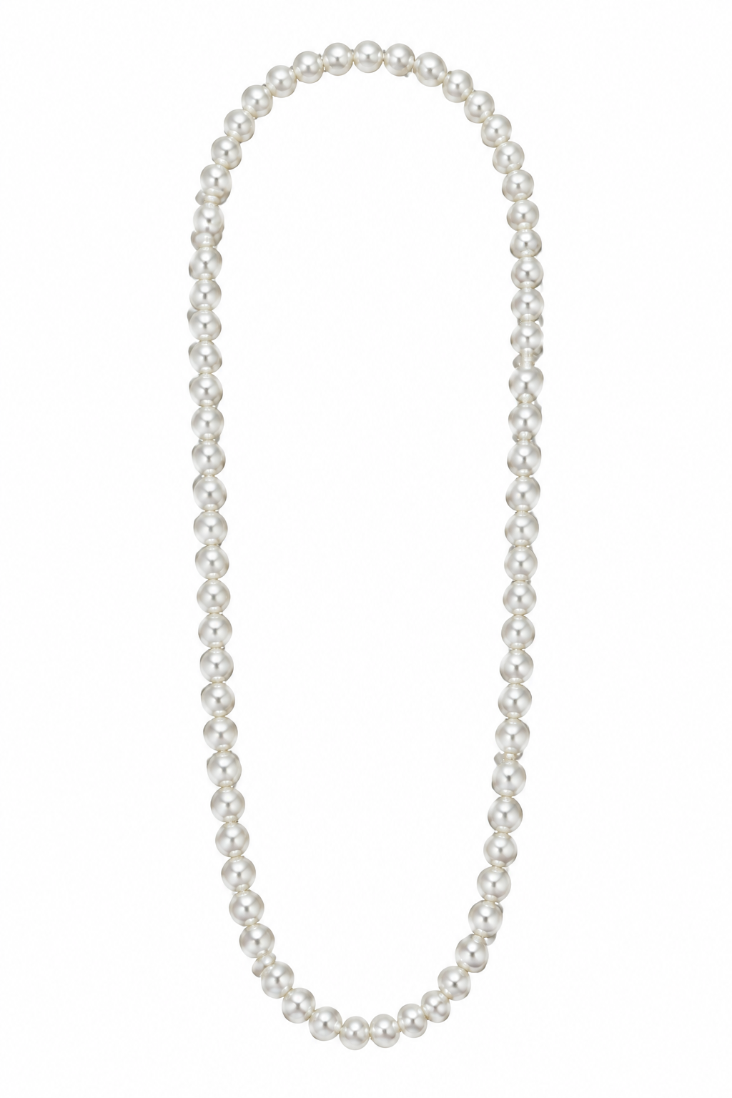SW Trading Opera Length Pearl Necklace, white pearl, single strand of round pearls, front view