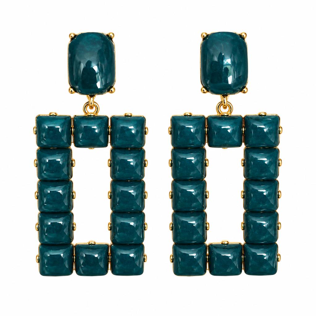Teal open rectangle stone statement earrings on white background