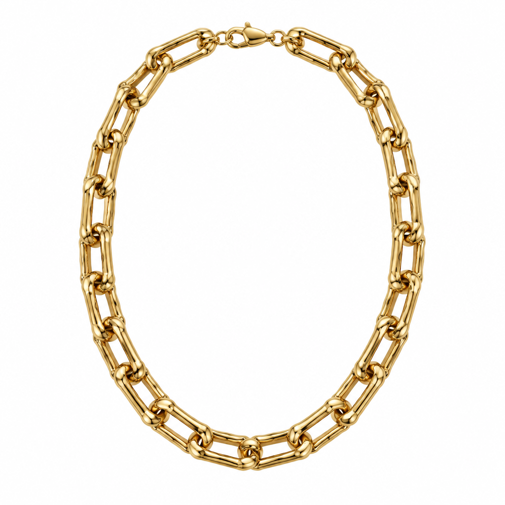 Gold rectangular chain necklace alone on white