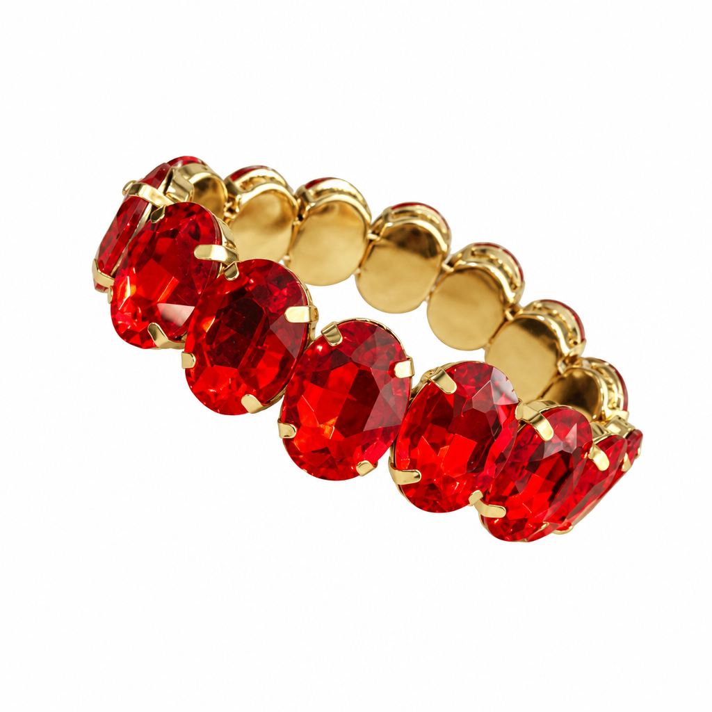 Jeweled oval stone stretch bracelet on white background, third view