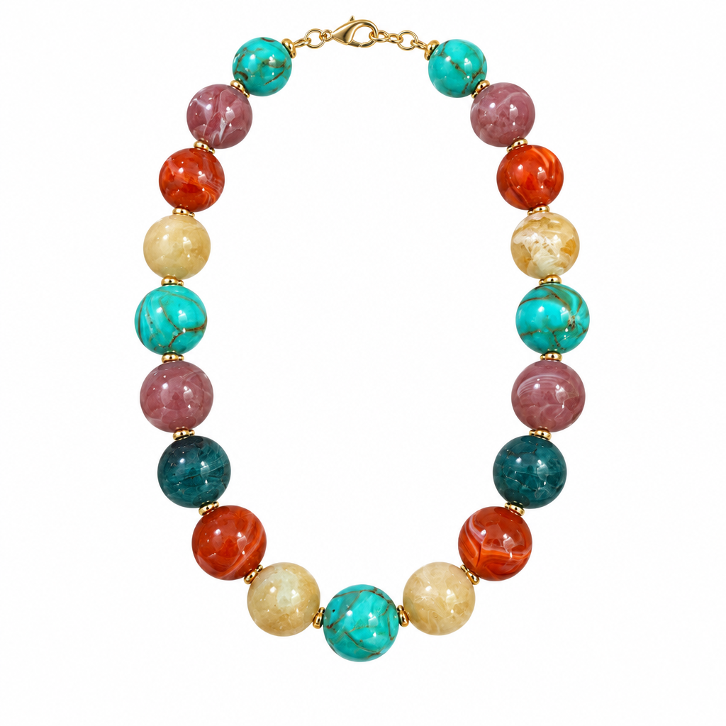 Multicolor beaded necklace alone on solid white, second view