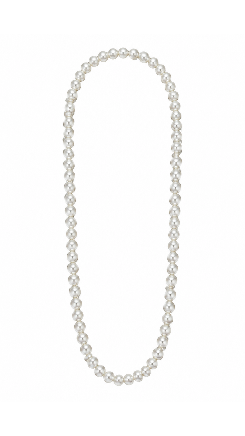 SW Trading Opera Length Pearl Necklace, white pearl, single strand of round pearls, front view 9x16