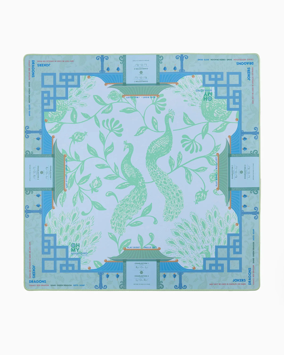 Cardboard game board with peacock design on a light blue background