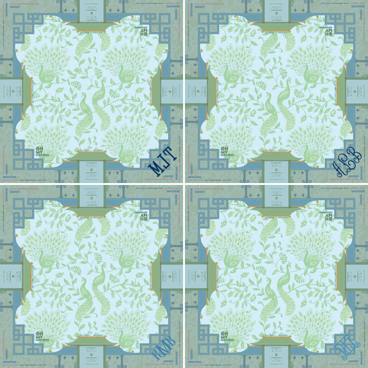 Four identical tiles with a green floral pattern on a blue grid background