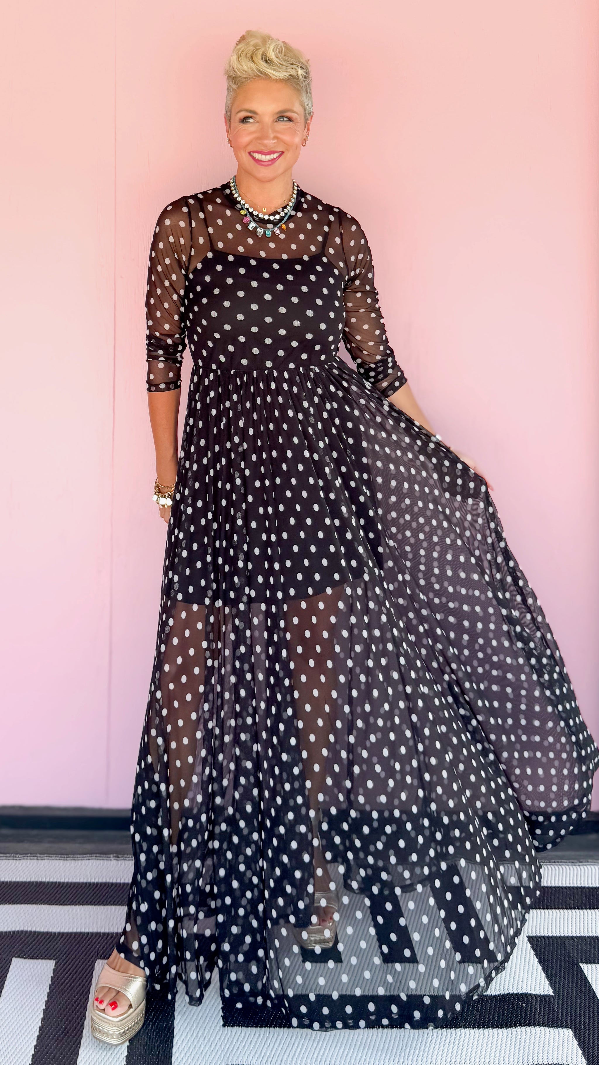 Polka Dot Print Mesh Maxi Dress Polka Dot Print Mesh Maxi Dress