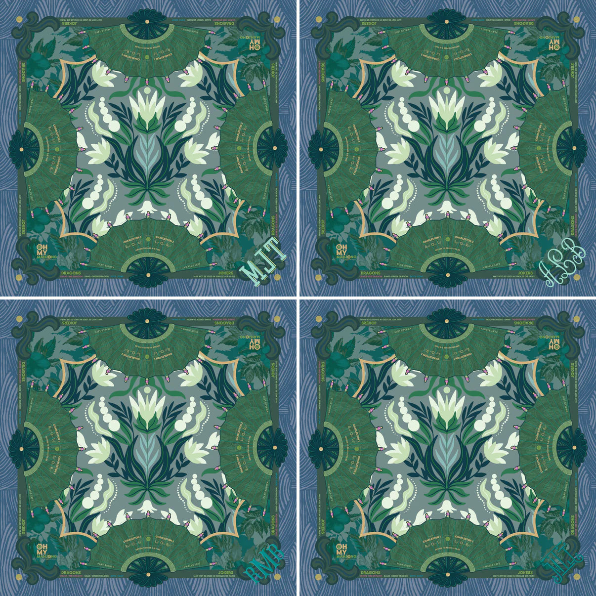 Four identical panels with a green and white floral pattern on a blue background