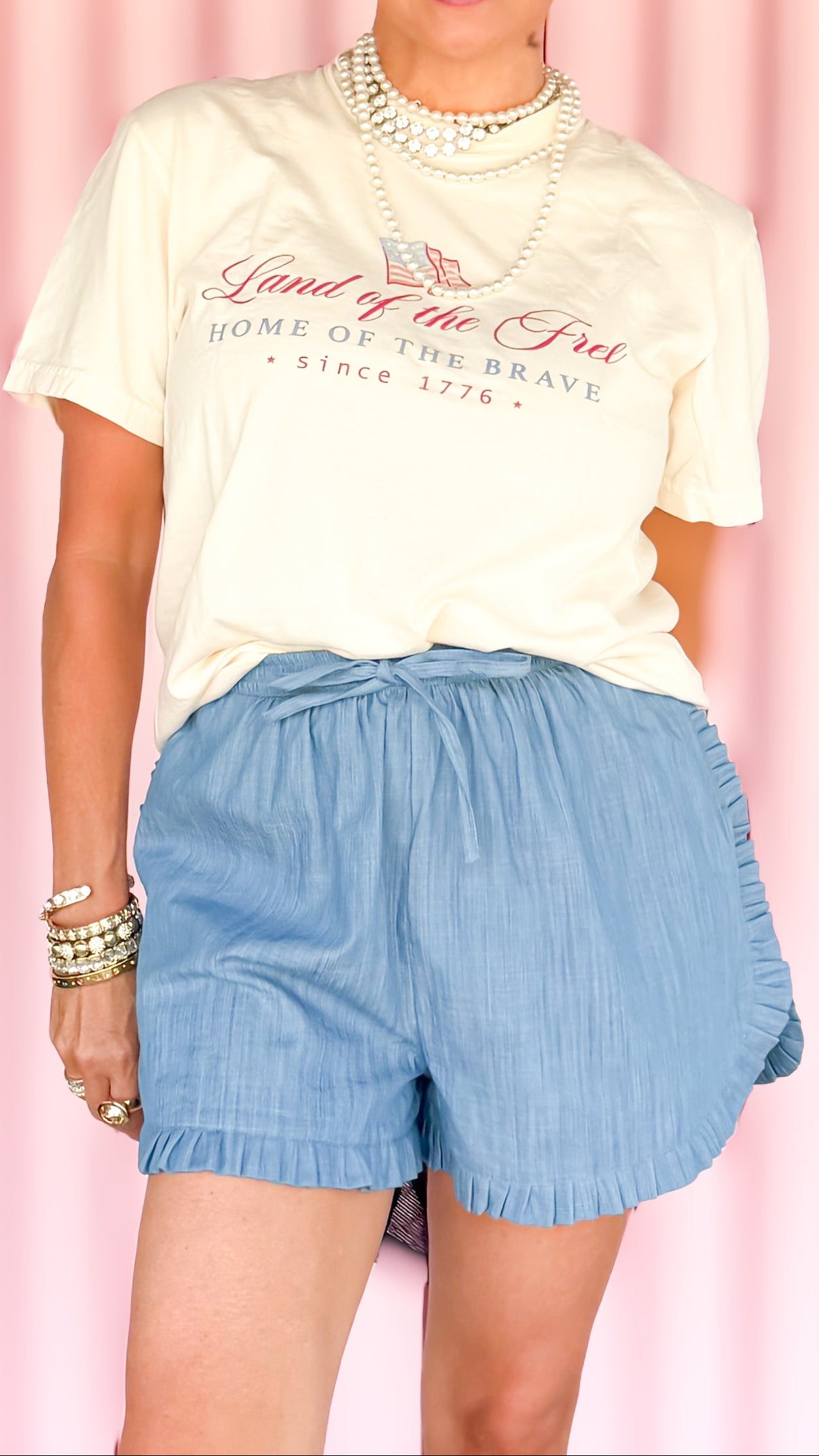 Land of the Free watercolor tee worn on model - front view - BLVD Boutik