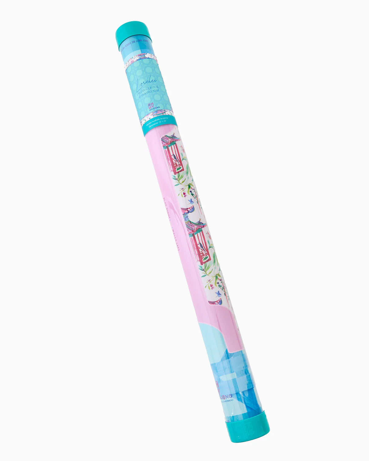 Colorful cylindrical product with a pink and blue design on a white background