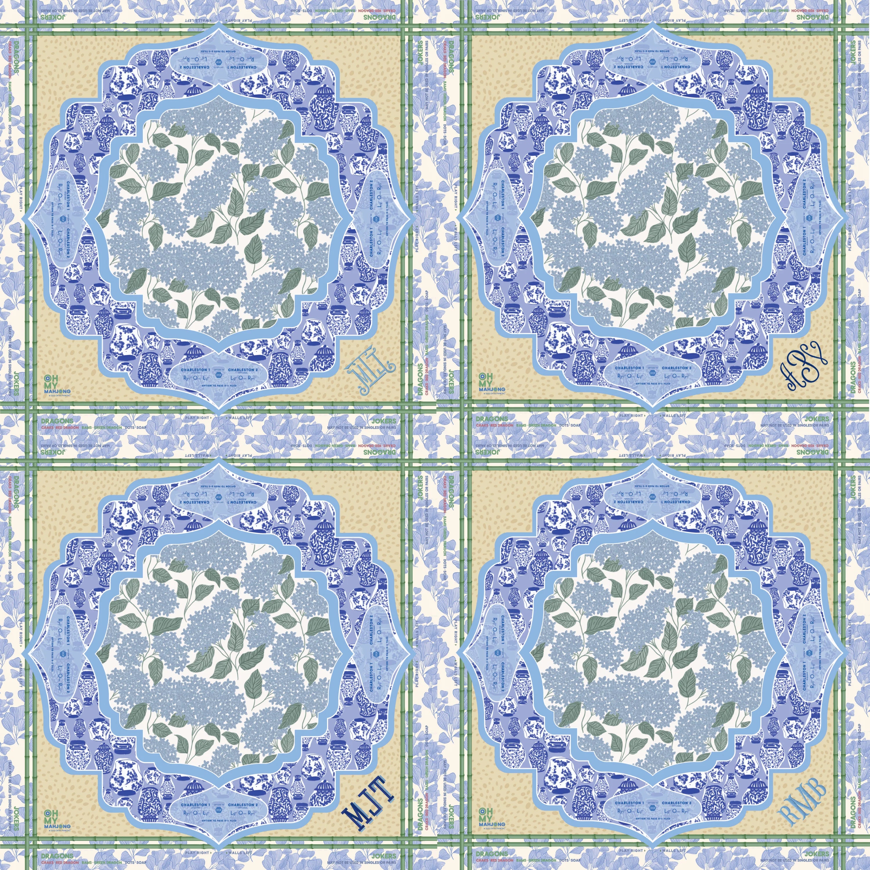 Decorative tiles with floral patterns and green borders on a beige background