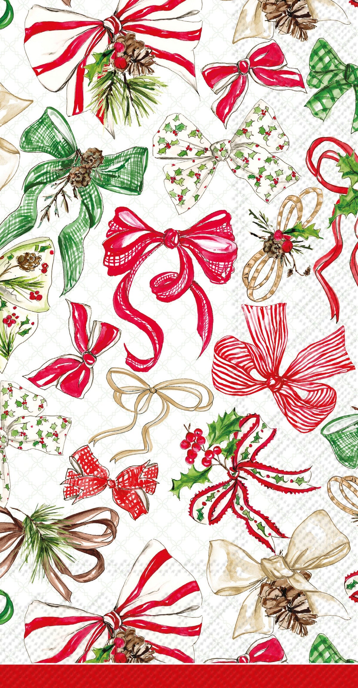 Christmas Bows paper guest towels with red bows, holly and pine, full view