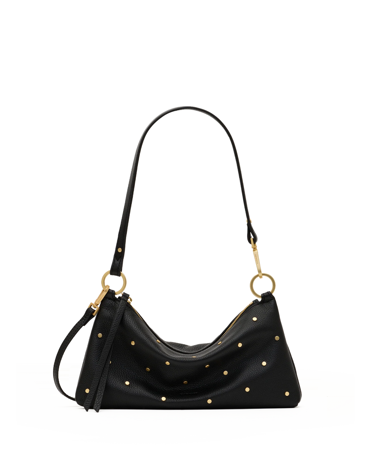 A black pebbled leather shoulder bag with gold-tone studs and gold hardware, shown against a plain white background.