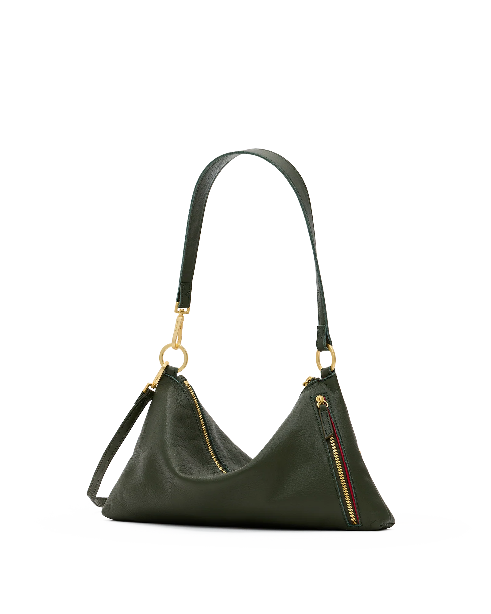 Kyle Med forest green pebbled leather shoulder bag with brushed gold hardware and red lining