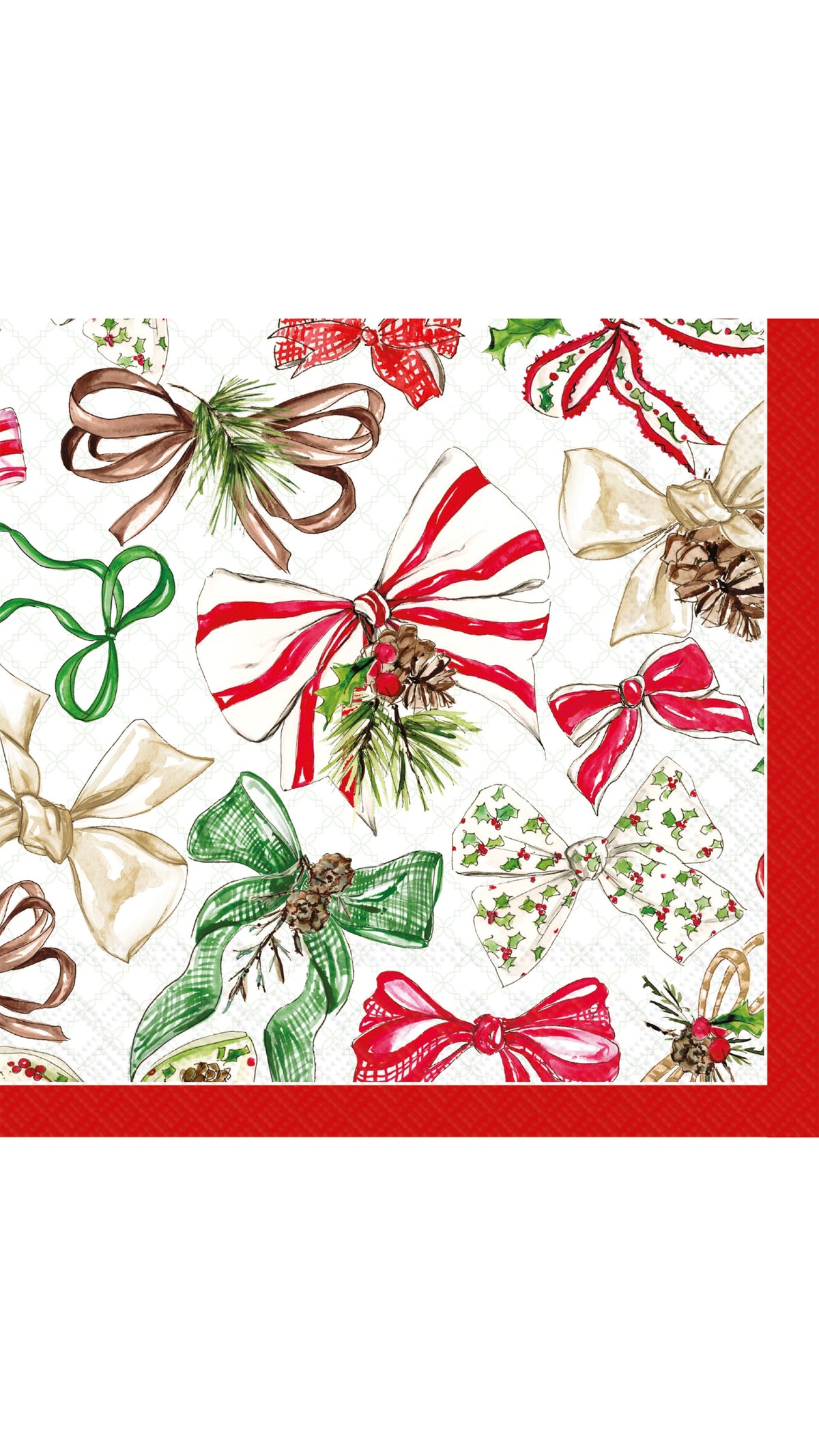Christmas Bows paper cocktail napkins on white, front view