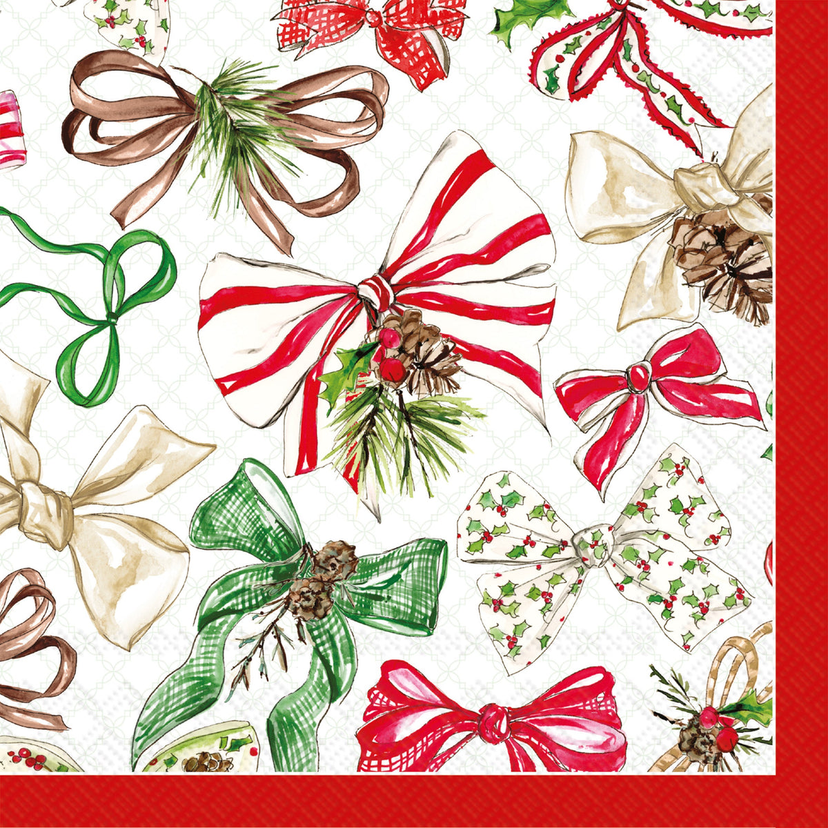 Christmas Bows paper cocktail napkins with red bows, holly and pine, full view