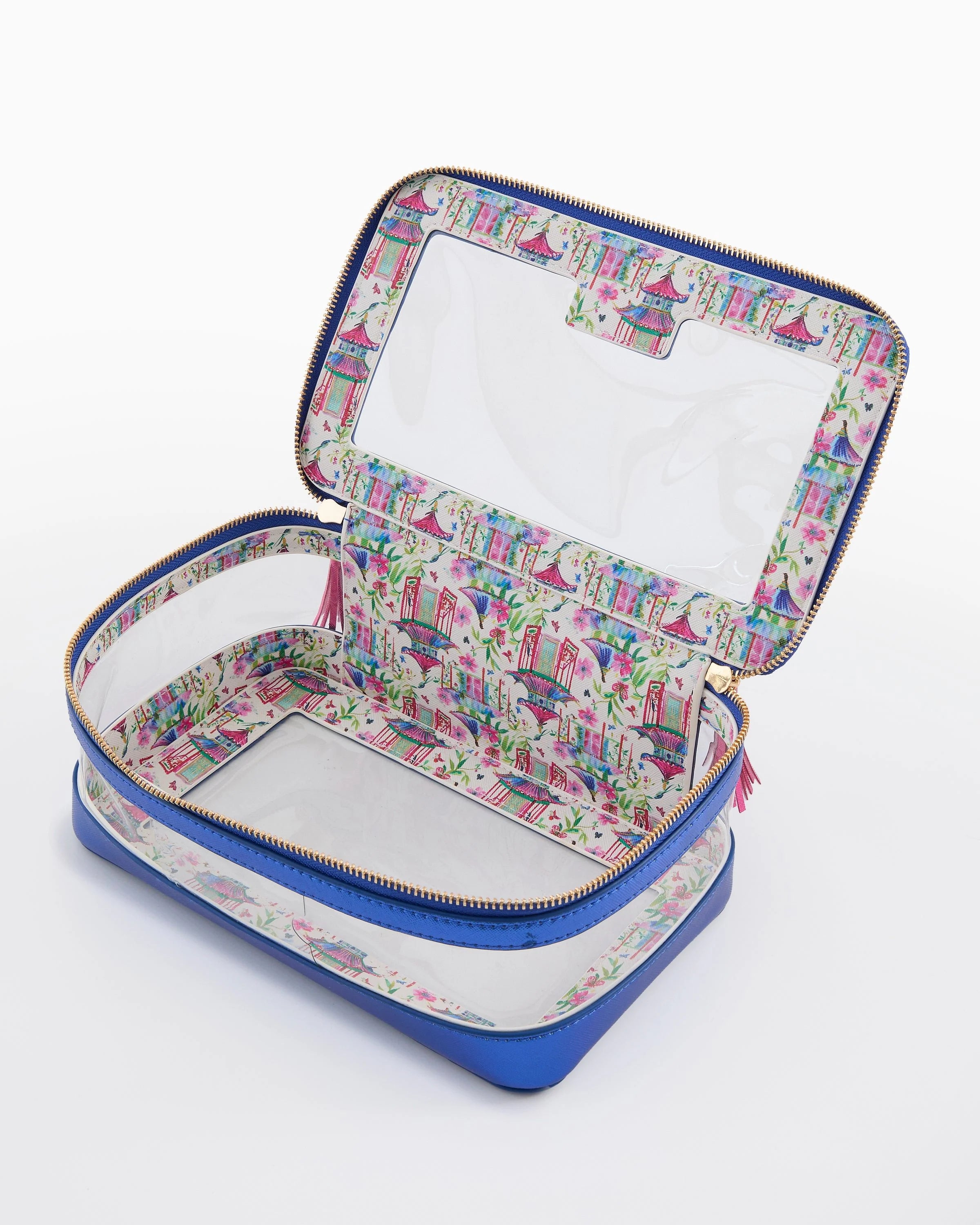 Blue jewelry box with colorful interior on a white background