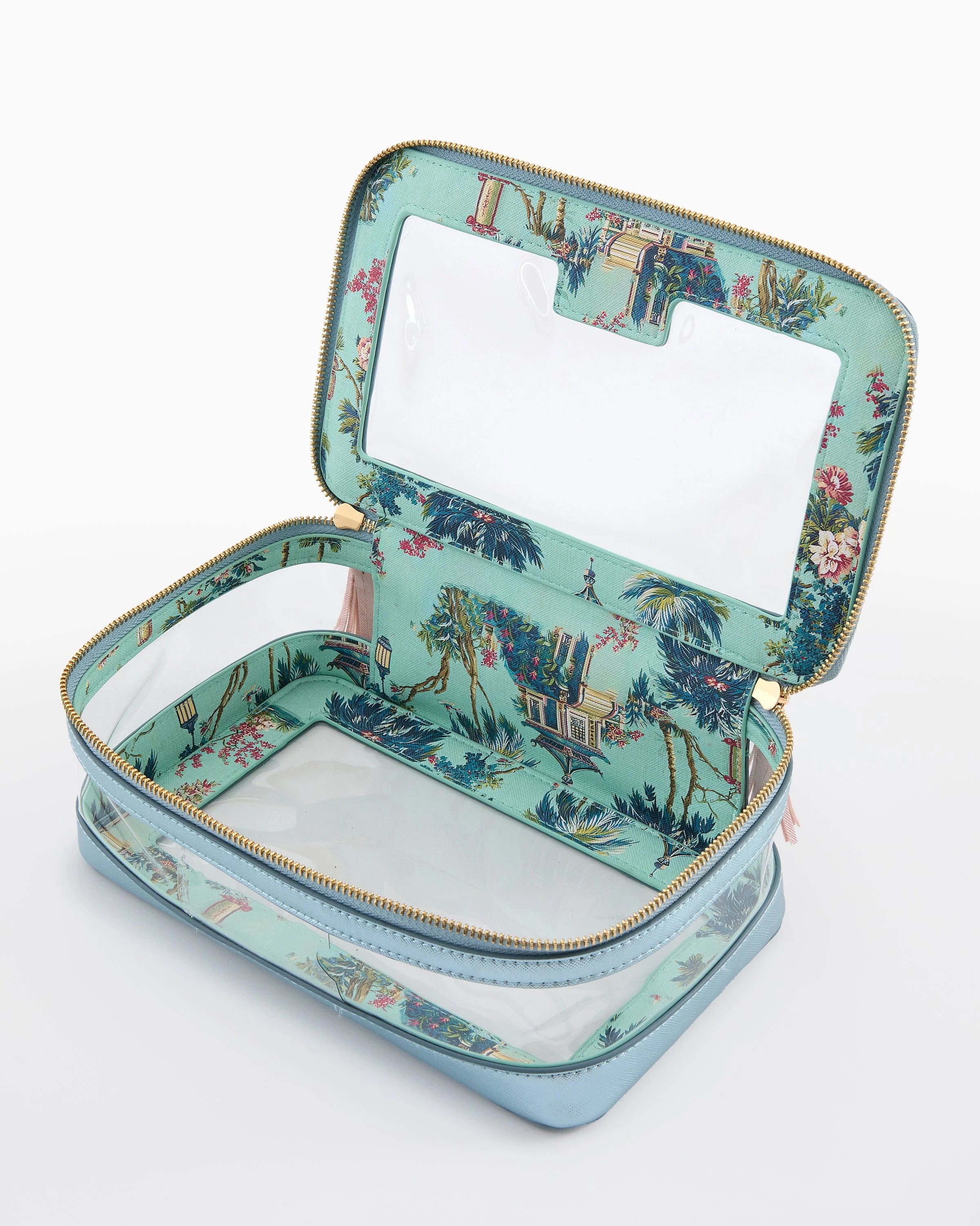 Makeup case with floral design and mirror on a white background