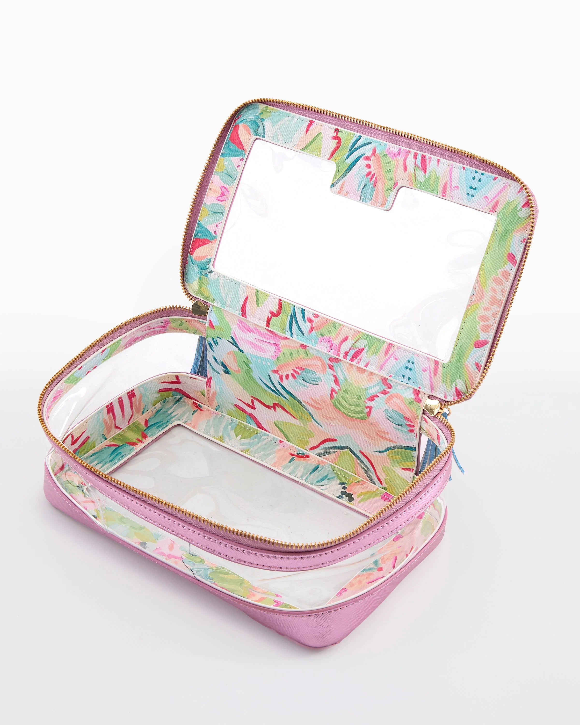Pink jewelry box with floral interior on a white background