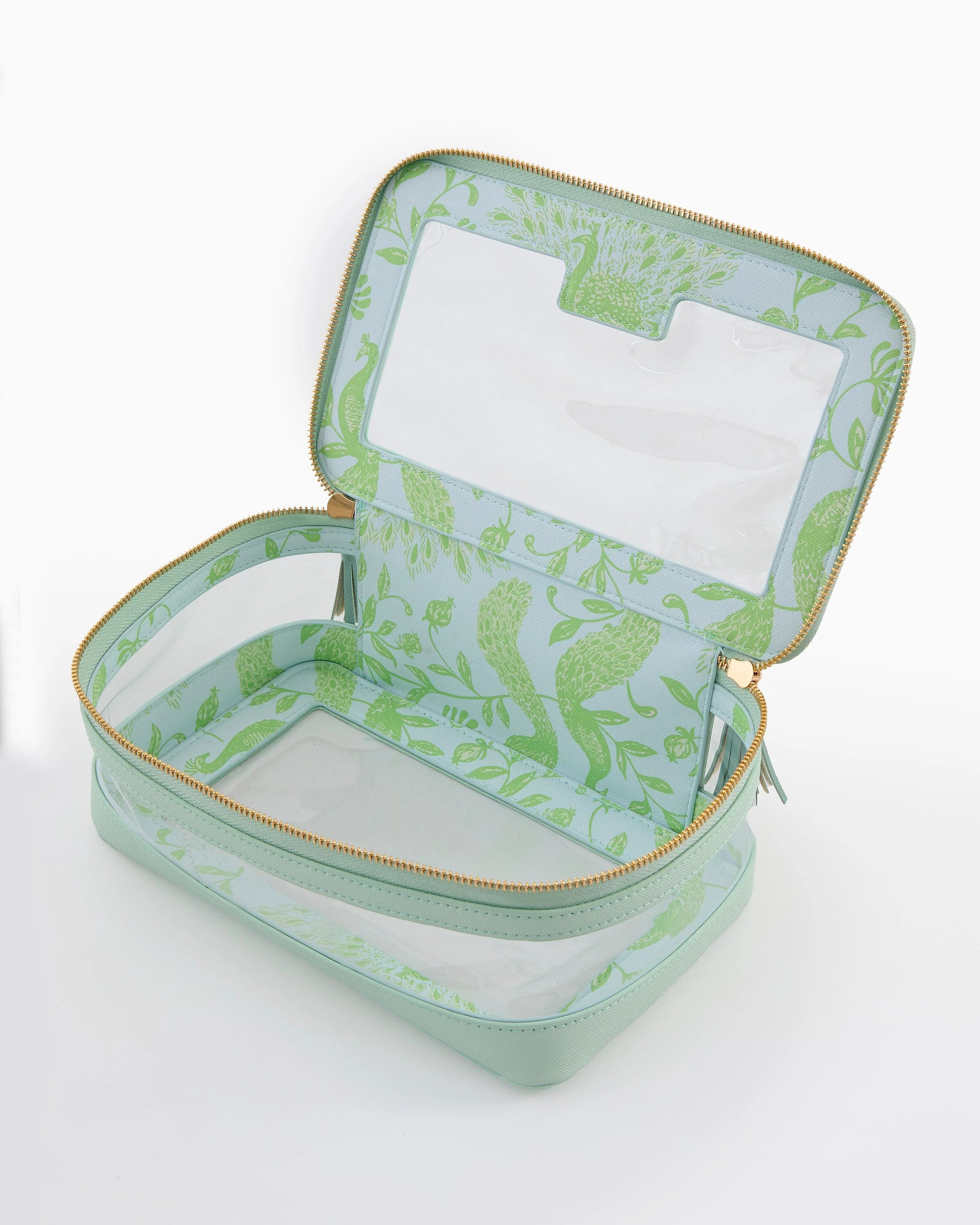 Green jewelry box with a white interior on a white background