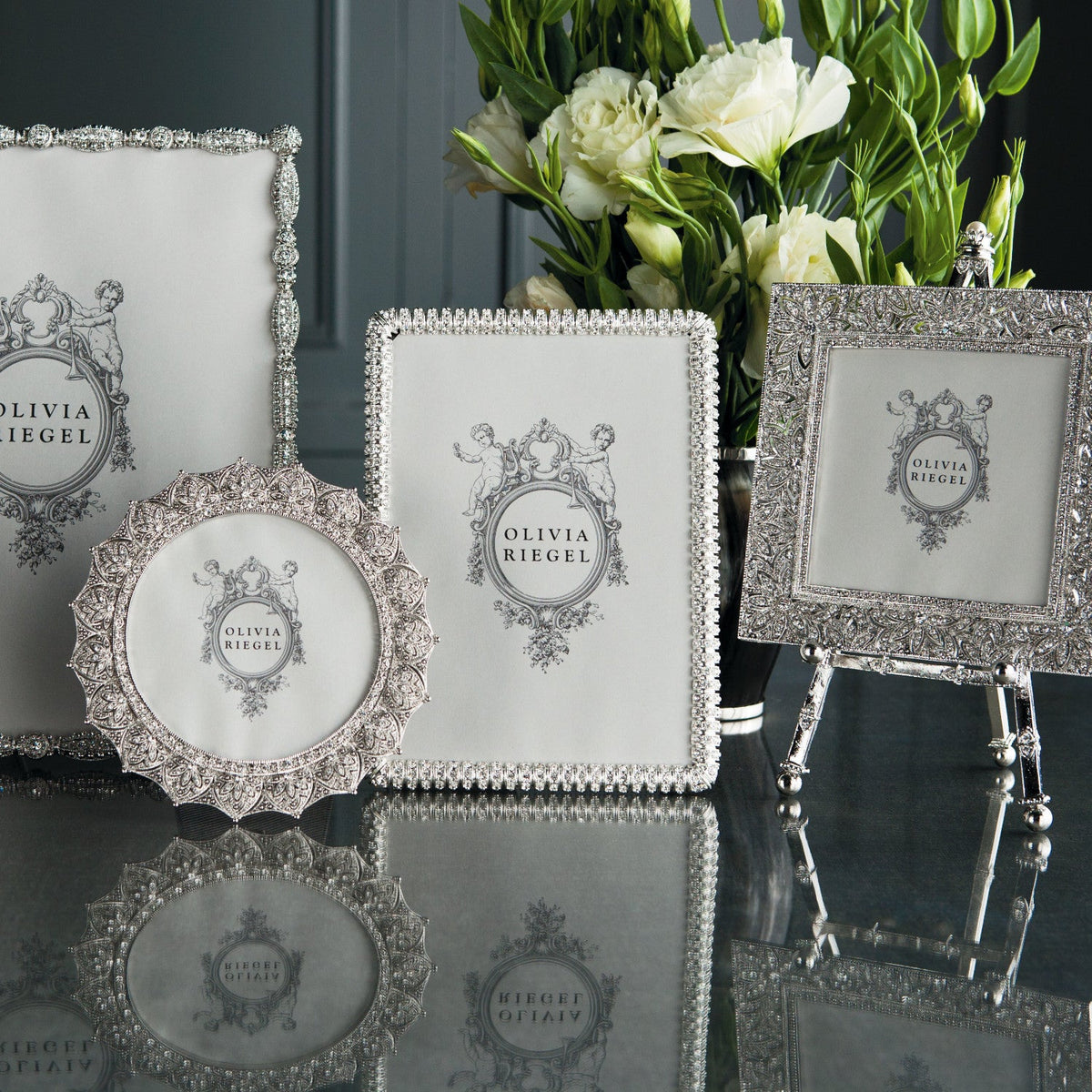 Olivia Riegel Crystal Chelsea 4x4 Picture Frame in Silver channel-set crystal pewter, lifestyle view