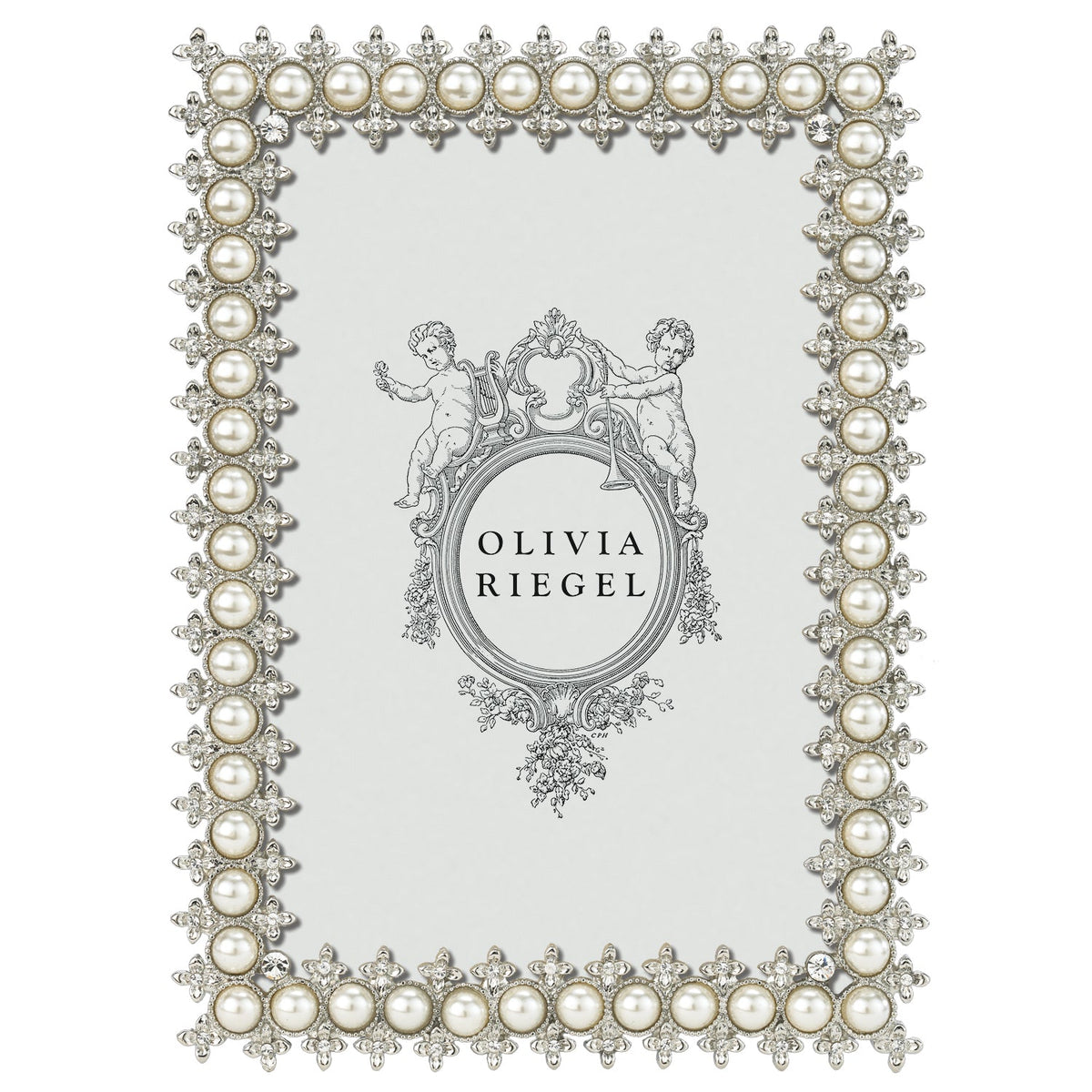 Olivia Riegel Crystal & Pearl 4x6 Picture Frame in Silver crystal and faux pearl pewter, front view