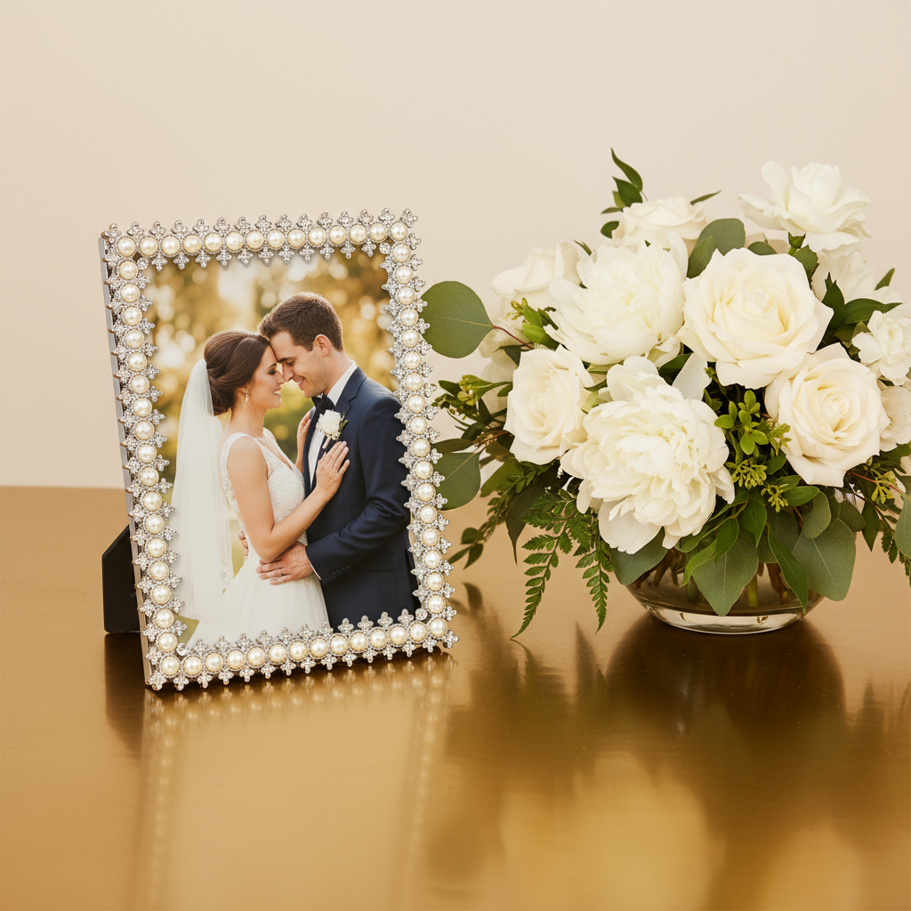 Olivia Riegel Crystal & Pearl 4x6 Picture Frame in Silver crystal and faux pearl pewter, lifestyle view