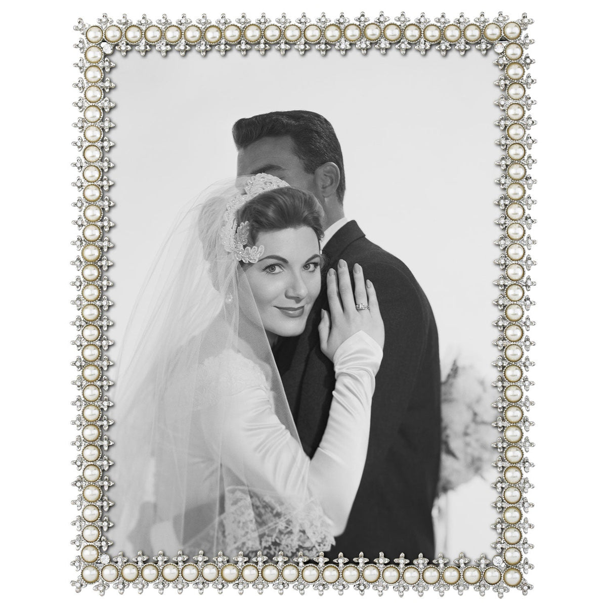 Olivia Riegel Crystal & Pearl 4x6 Picture Frame in Silver crystal and faux pearl pewter, lifestyle view