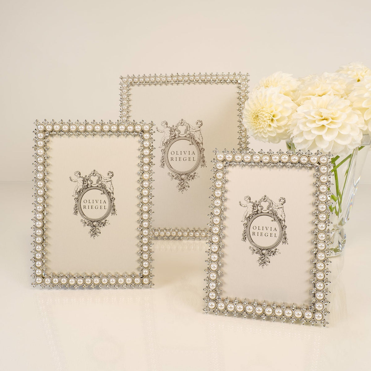Olivia Riegel Crystal & Pearl 4x6 Picture Frame in Silver crystal and faux pearl pewter, lifestyle view