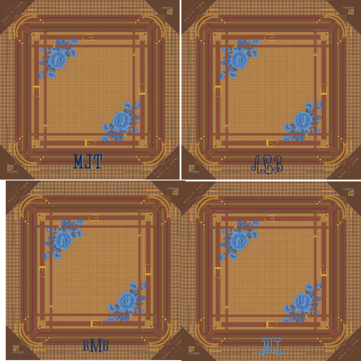 Four identical decorative panels with blue floral designs and monograms on a brown background.