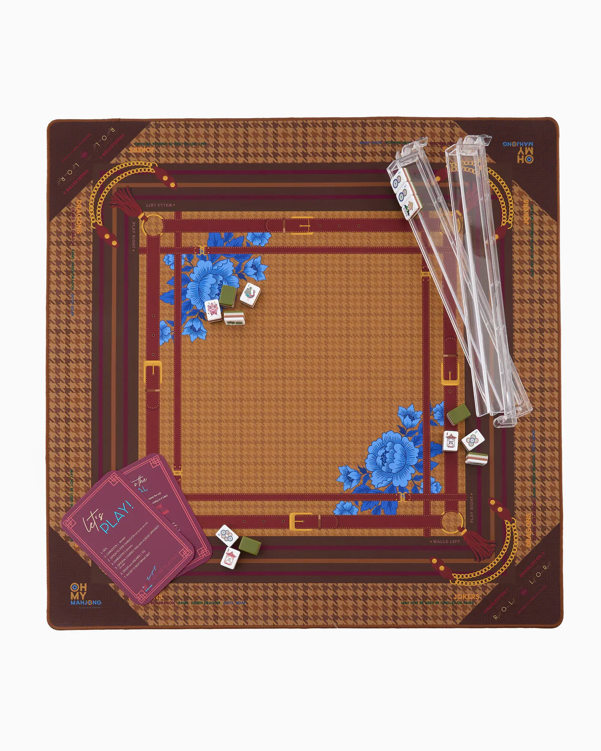 Board game mat with decorative elements and accessories on a white background