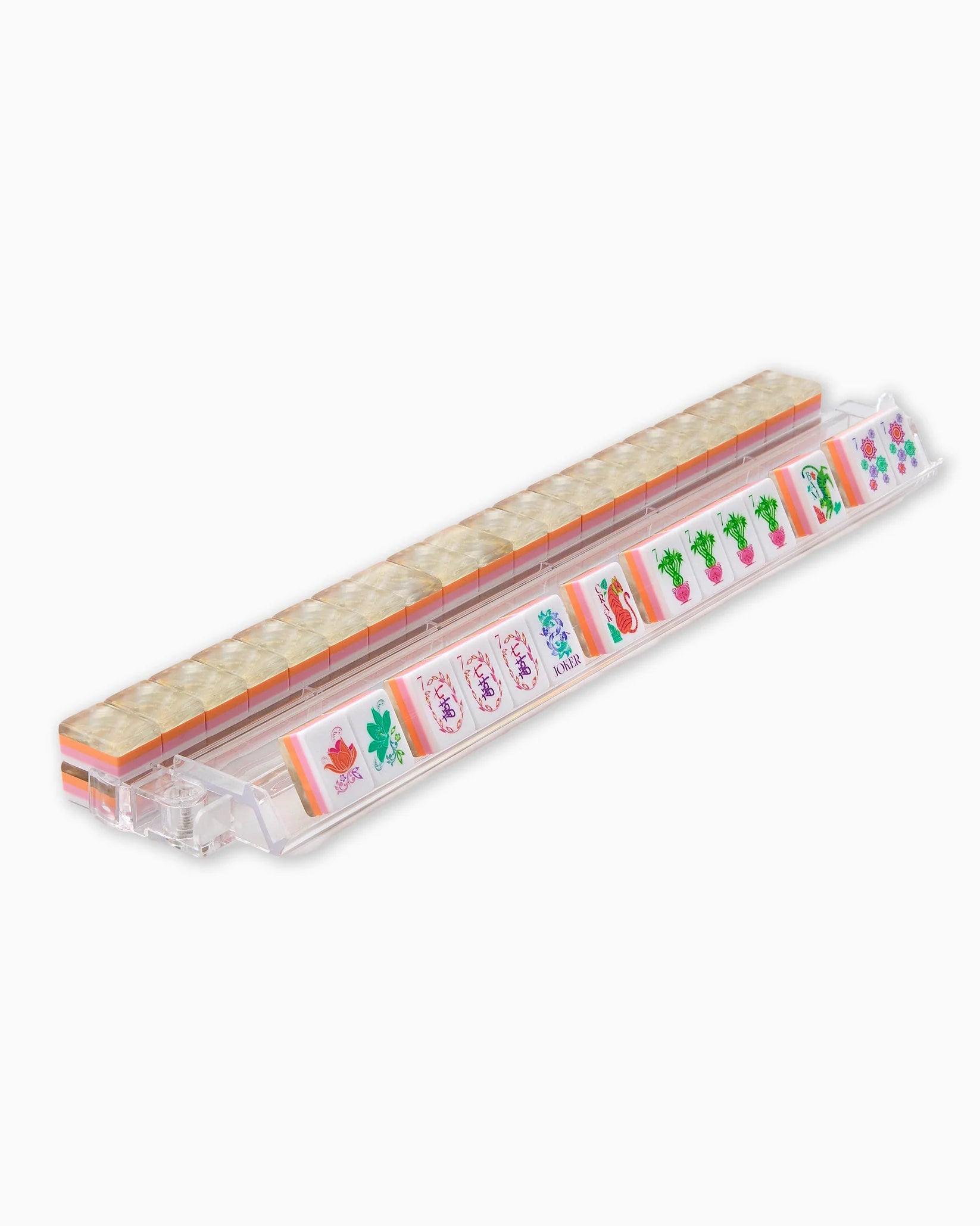 Rectangular white object with colorful designs on a white background