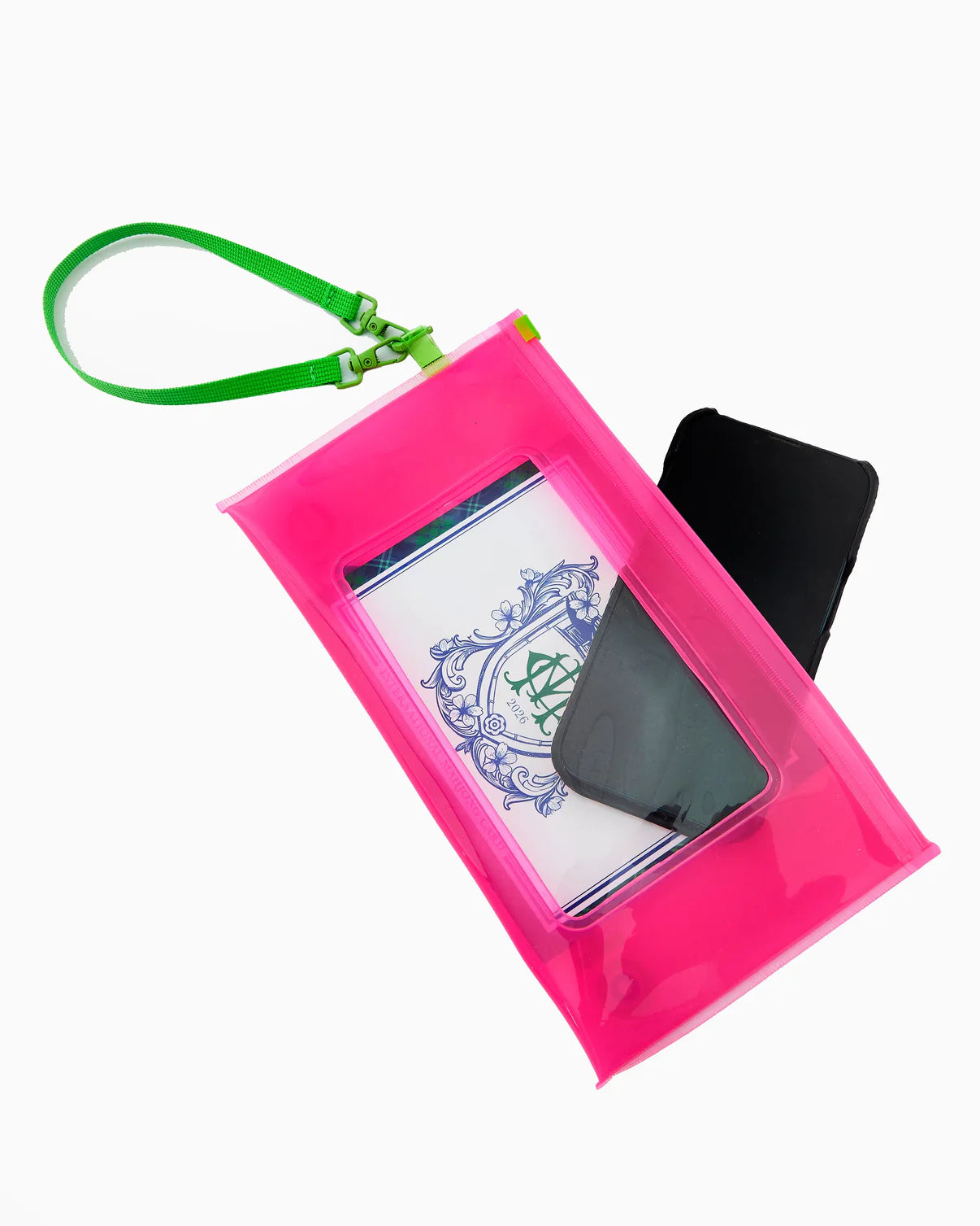 Pink phone case with green strap holding a card and phone on a white background