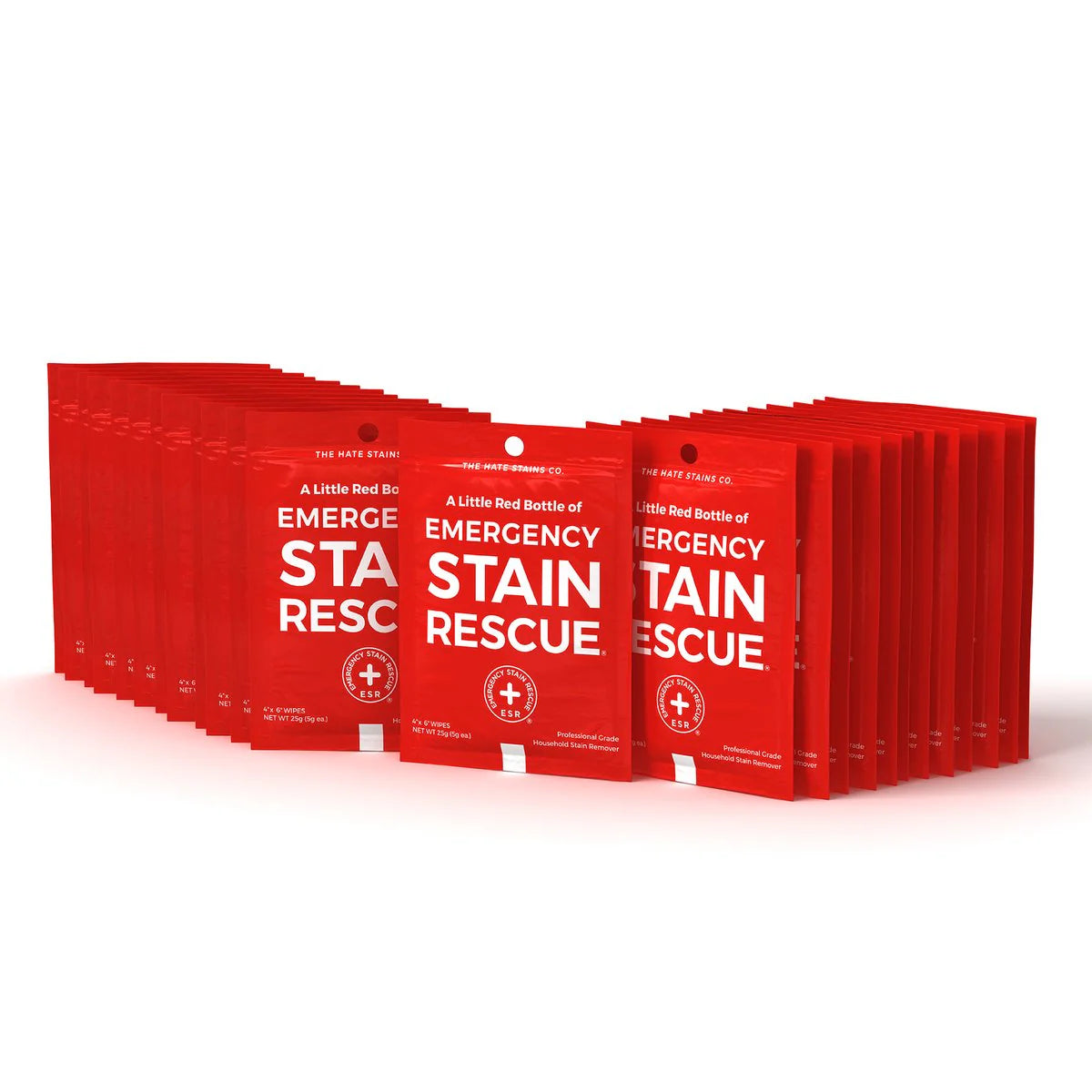 Multiple red packages of Emergency Stain Rescue on a white background