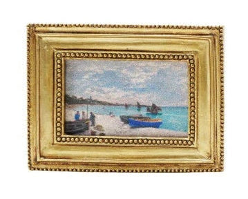 Collection of gold-framed pictures with various scenes on a white background