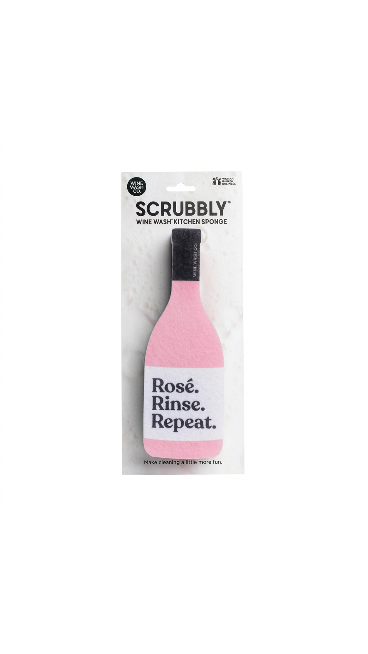 Wine Wash Co. Scrubbly Sponge in Rosé Rinse Repeat, rosé wine bottle sponge, full view on white