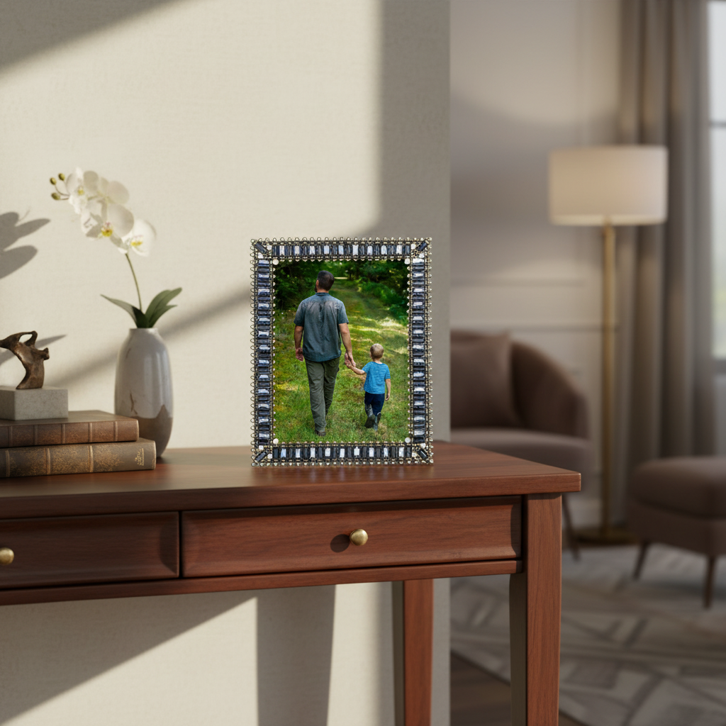 Olivia Riegel Copenhagen 4x6 Picture Frame in bronze finish with crystals, glass gems and faux pearls, lifestyle view
