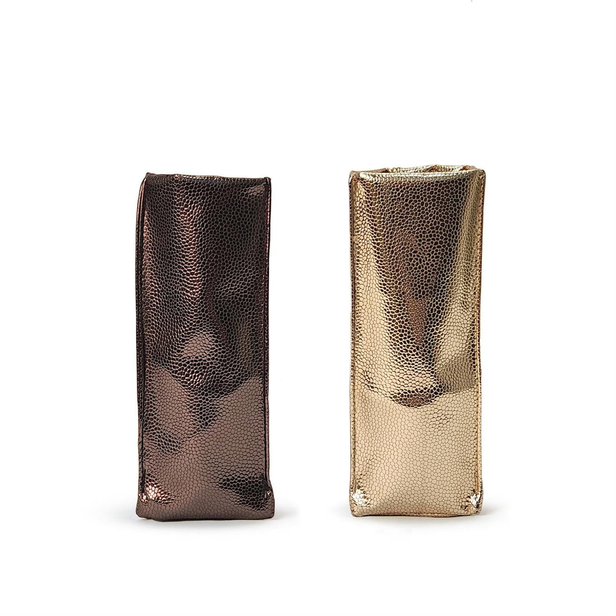 Faux snakeskin standing weighted eyeglass holders in bronze and gold