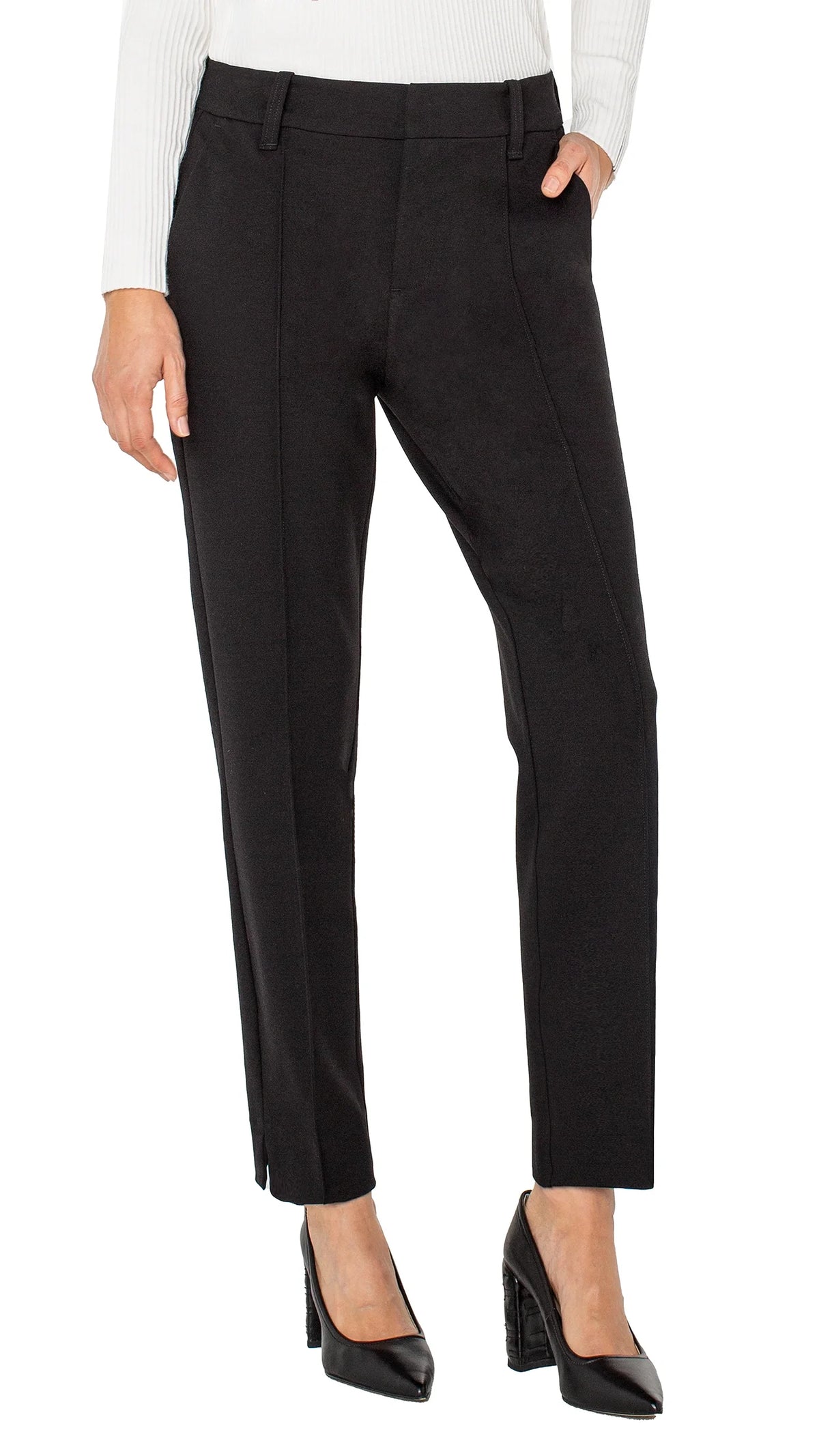 Front view of Liverpool Gemma cigarette trousers in black with heels