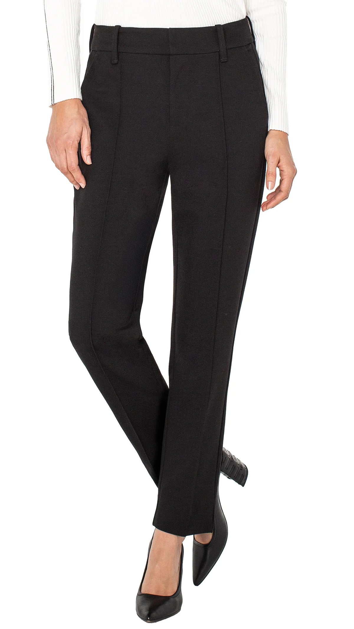Three-quarter front view of black Gemma cigarette trousers with pointed heels