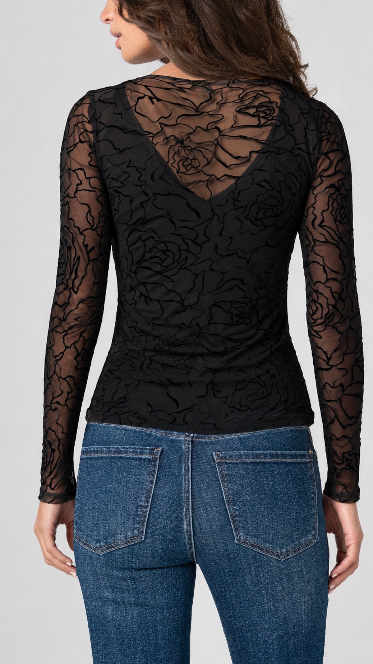 Back view of black rose embroidered mesh layered top