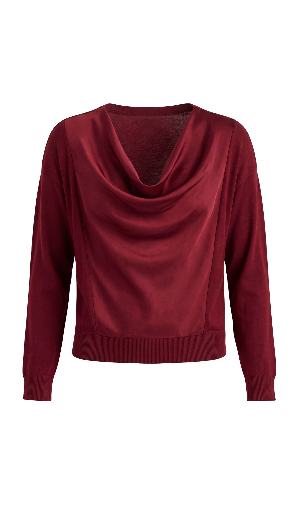 Merlot cowl neck mixed media sweater, front view, product only