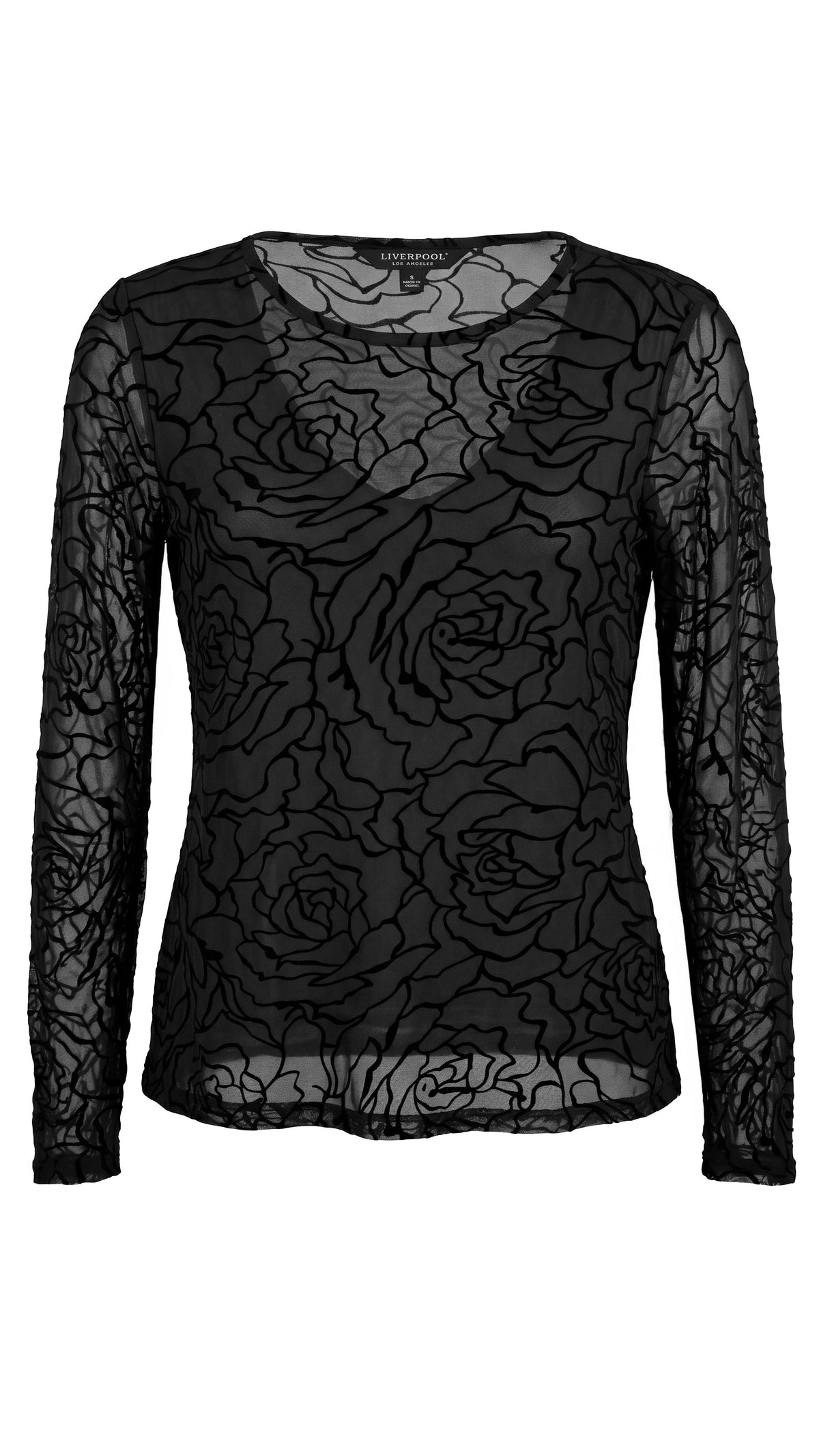 Black layered knit top with sheer mesh overlay and tonal rose embroidery, front view, product only