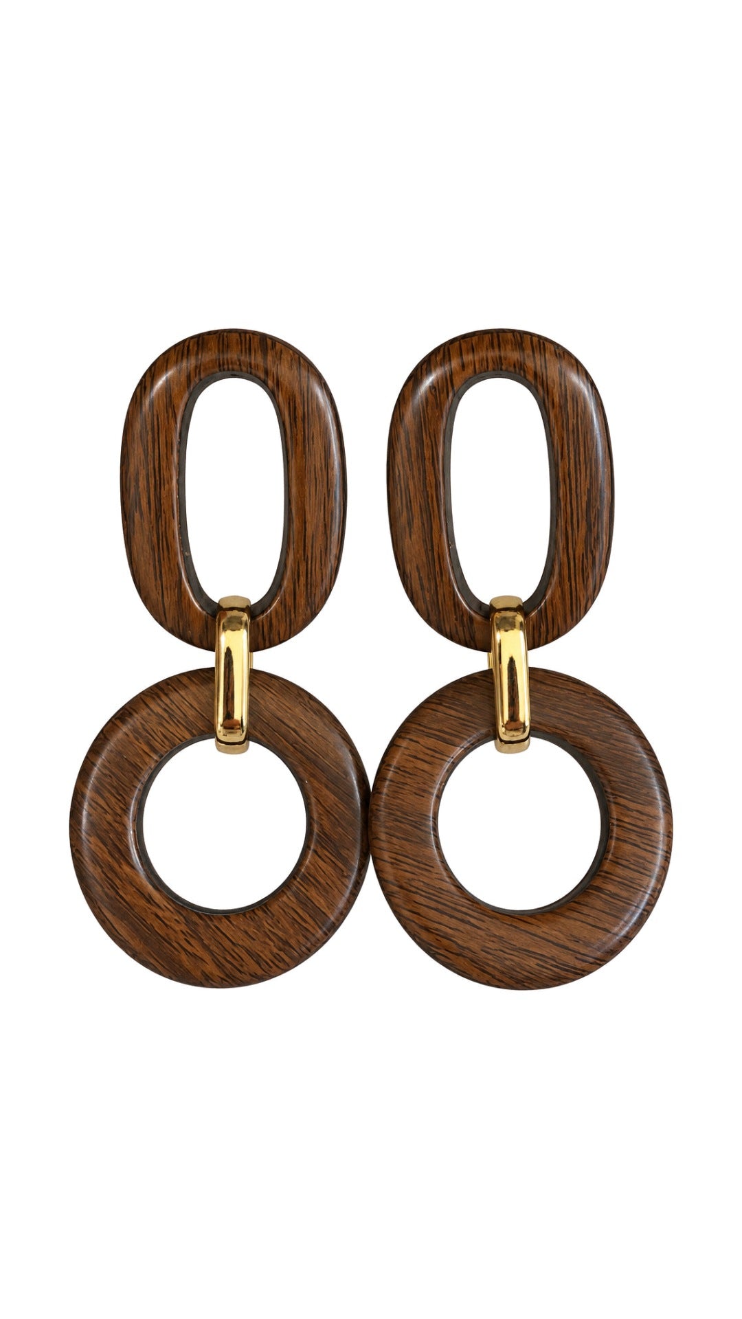 SW Trading Wood-Look Elongated Statement Earrings, brown, wood-look finish, front view