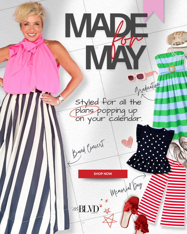 Made for May boutique summer clothing collection with colorful tops, pants, shorts and dresses