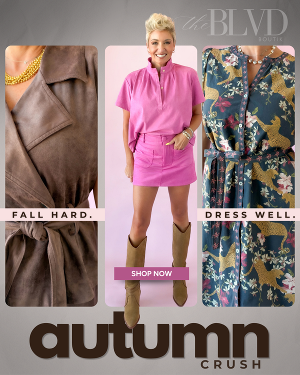 Autumn Crush: Fall hard. Dress well. Model in a pink top and fall looks from The BLVD