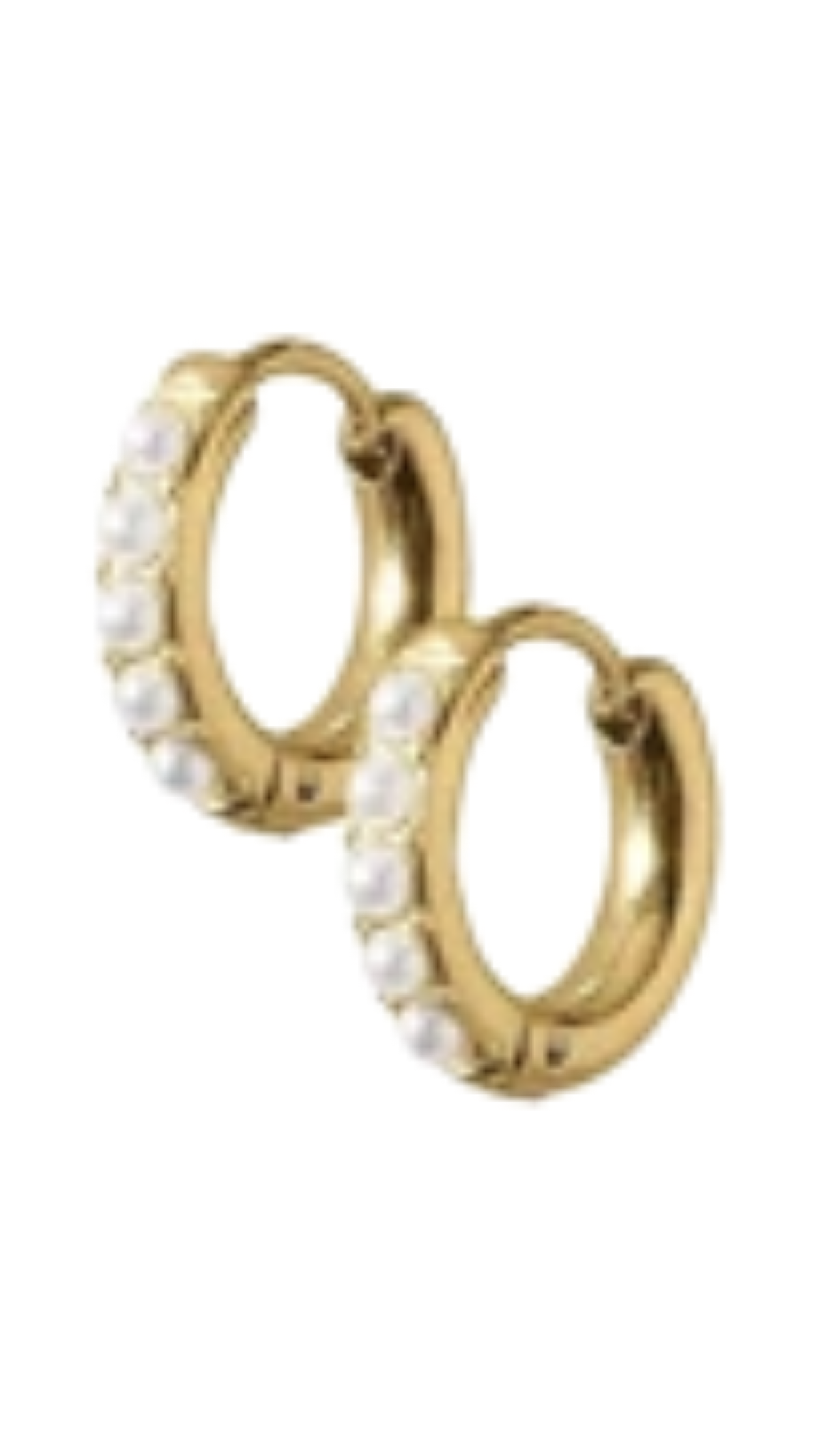Huggie Earrings/Scarlett Hoop Gold 8mm Pearl, full view on white