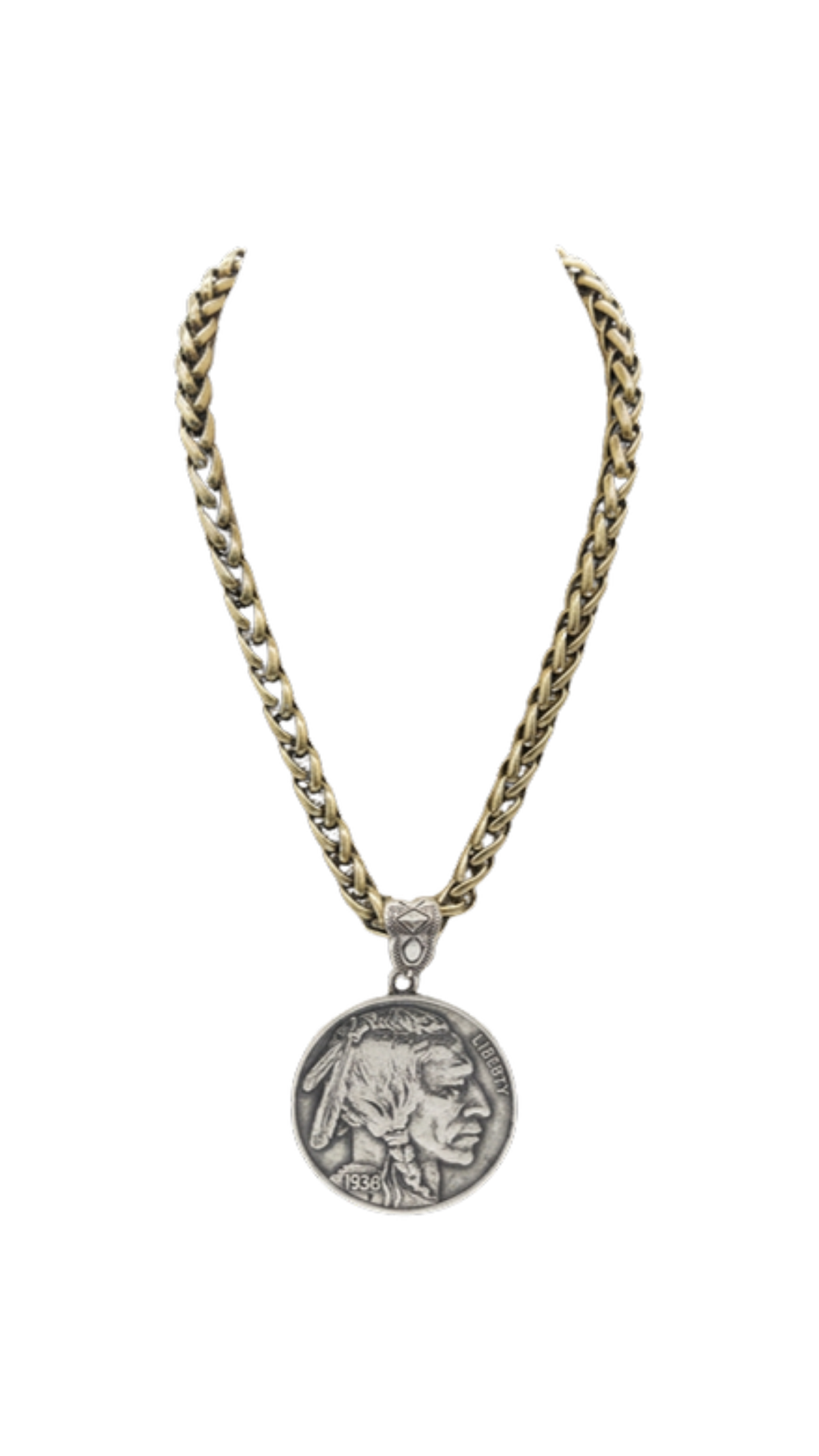 XL Indian Head Coin Necklace, full view on white