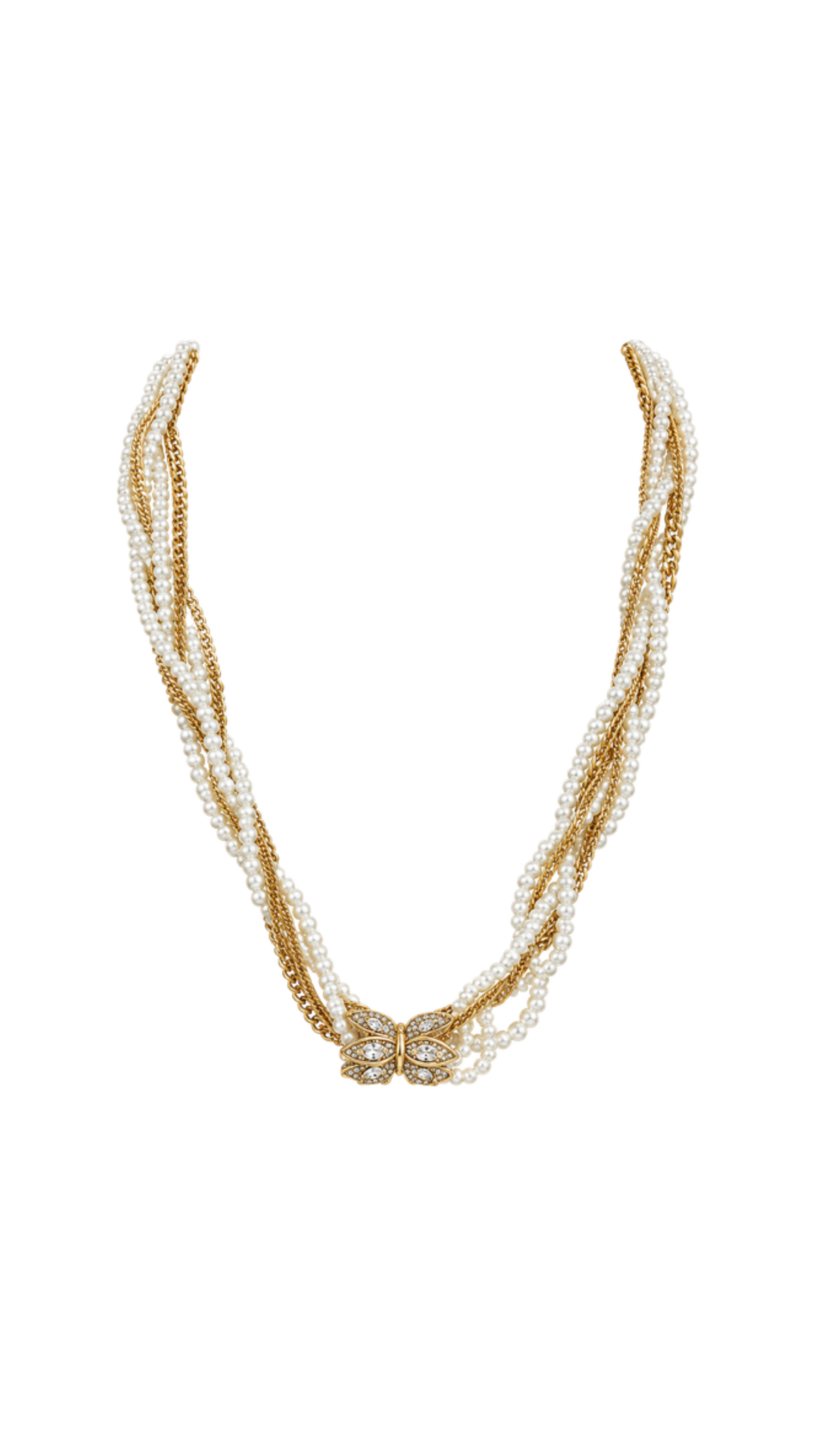 Twisted Pearl & Gold Chain Necklace, full view on white